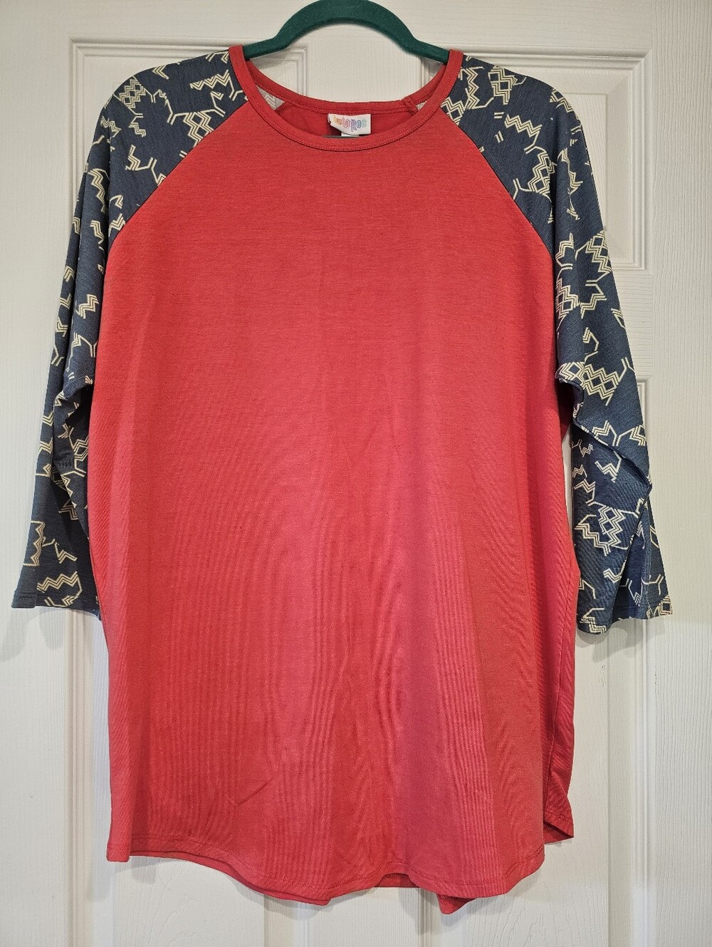 Red Lularoe Randy with Patterned Blue And Cream Sleeves